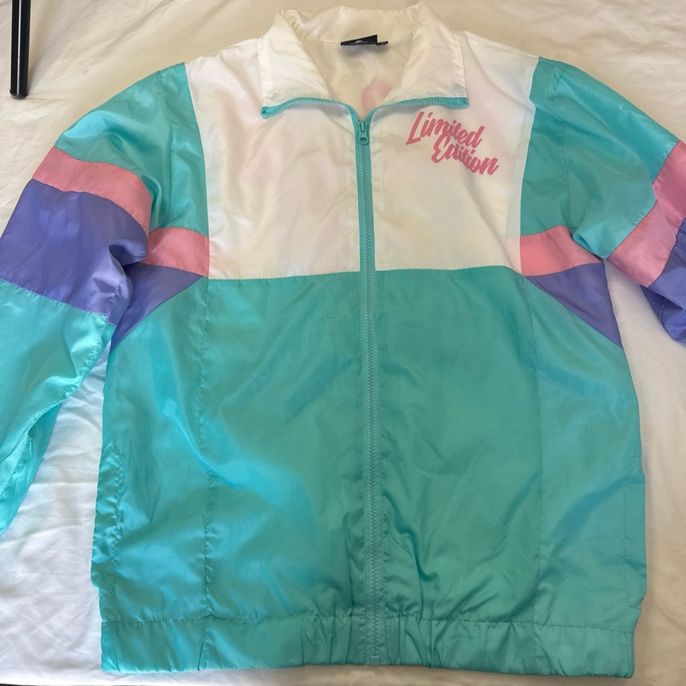 Trolls Green and White Bomber Jacket with Color Blocking and Elastic Cuffs